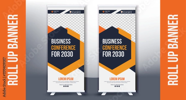 Fototapeta Roll up banner design template, vertical, abstract background, pull up design, modern x-banner, rectangle size. exhibition display, Marketing, Promotion