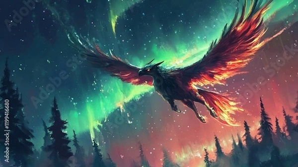 Fototapeta Fiery griffin soars through aurora borealis.