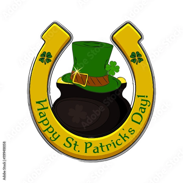 Fototapeta Happy Saint Patrick's Day wishes on gold horseshoe with pot of gold and leprechaun green hat. Design elements for St. Patrick's Day. Isolated on white background. Vector illustration.