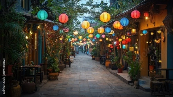 Fototapeta Illuminated Alleyway Featuring Colorful Lanterns And Lush Greenery