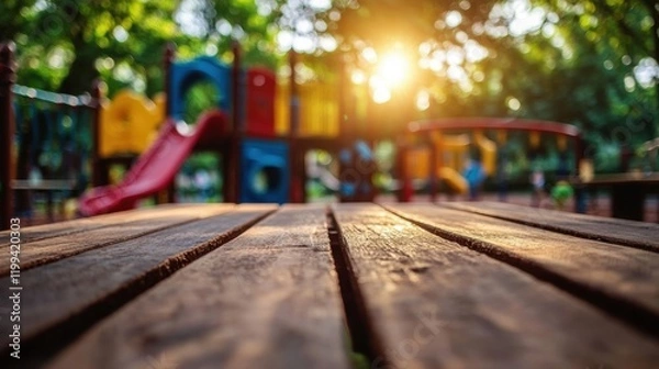Obraz Bright Playground Scene at Dusk with Sunlight and Colorful Equipment
