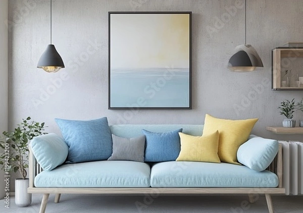 Fototapeta A cozy interior with an artistic canvas and colorful decor.