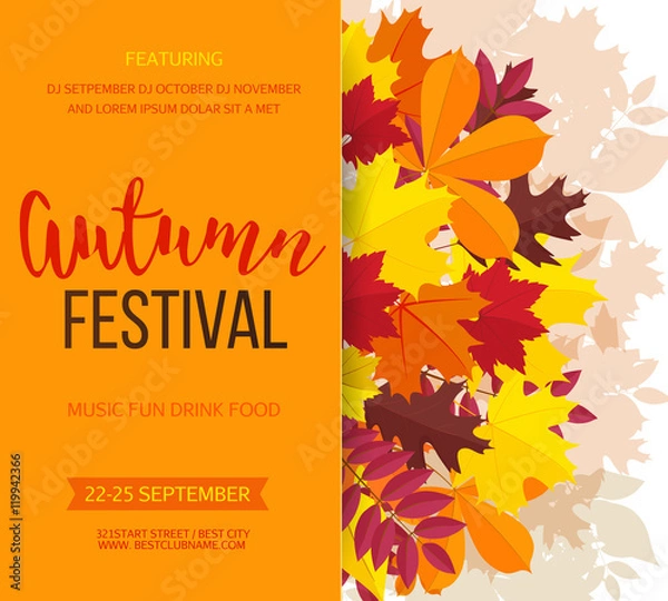 Fototapeta Autumn festival background. Invitation banner with fall leaves. Vector illustration