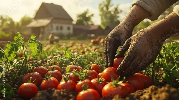 Obraz Harvesting ripe tomatoes under the warm sun on a peaceful farm in the countryside. Generative AI