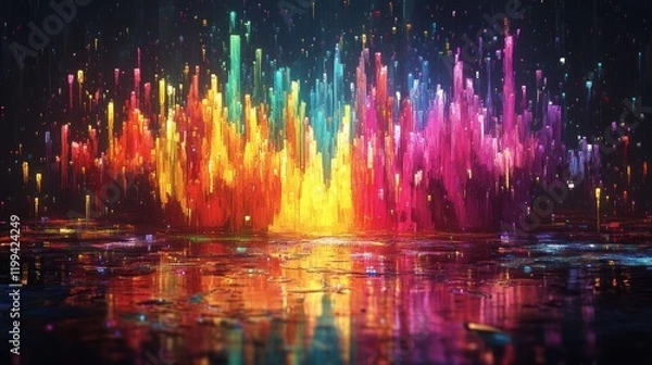 Fototapeta Colorful abstract visualization of sound waves reflecting light in a vibrant display at night. Generative AI