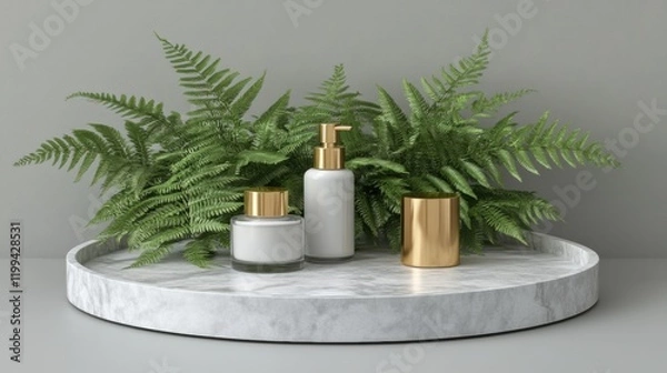 Fototapeta Elegant minimalistic display of skincare products with greenery