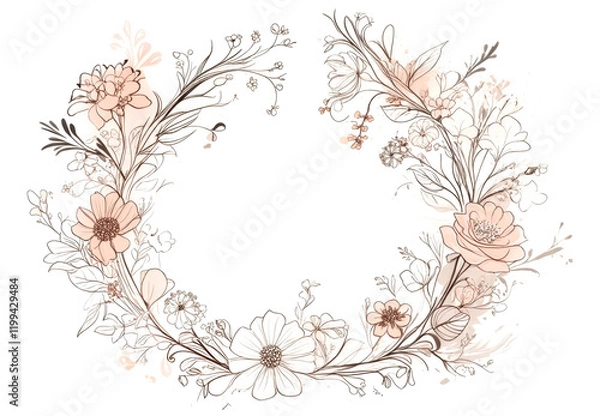Obraz Floral wreath design featuring delicate line art with soft pastel colors, suitable for elegant invitations or decor