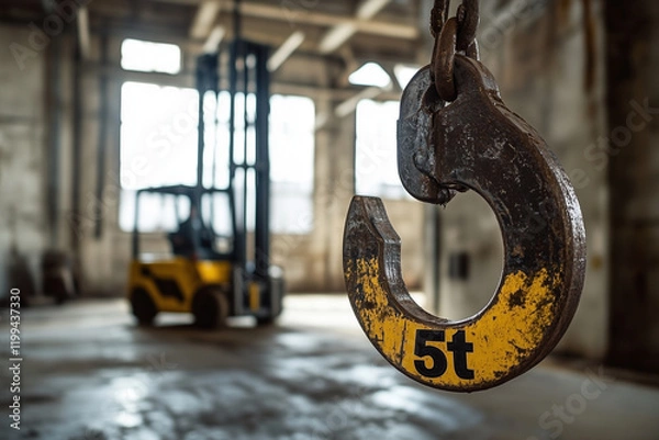 Obraz A yellow and black lifting hook with the number "5t" on it is suspended in an industrial warehouse