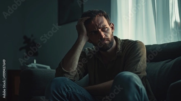 Fototapeta A man looking down with a puzzled expression, in an indoor setting.