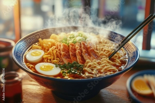 Fototapeta A delicious serving of Asian-style ramen noodle soup with eggs, tofu and green onions. Garnished with seaweed and soy sauce, this dish is both flavorful and hearty.