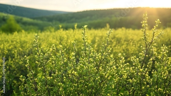 Fototapeta Sunlight filters through young leaves, creating a peaceful spring landscape with rolling hills in the background