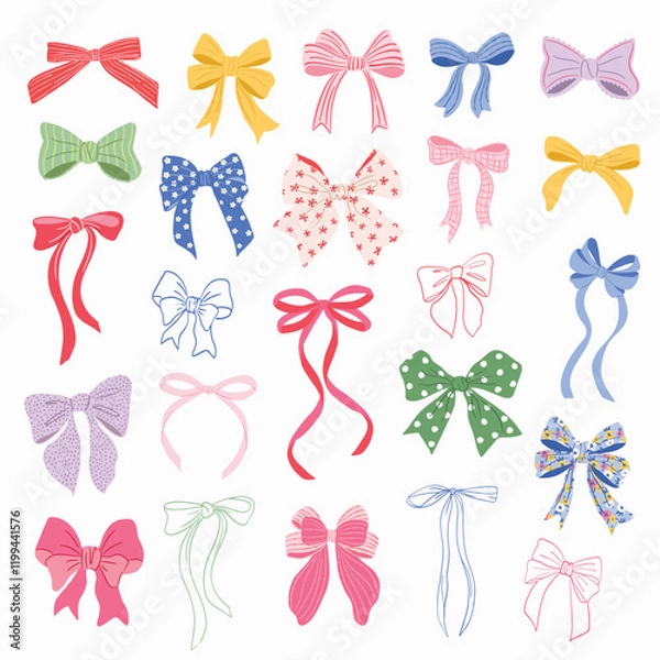 Fototapeta Colorful set of cute Bows and ribbons in Floral, stripes, checkered pattern and line art. Hand-drawn bow knots, coquette aesthetic. Vector clipart illustration for cards, invites, posters and labels.