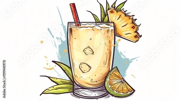 Obraz Refreshing Alcoholic Pina Colada Cocktail on White Background