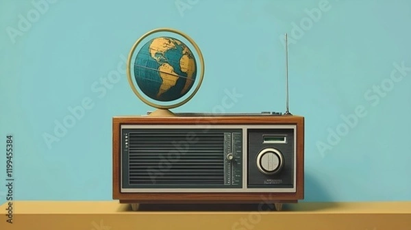 Obraz Old radio with globe illustration for celebrating world radio day