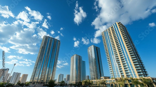 Obraz 近代的な高層ビル群と熱帯植物が調和する都市風景