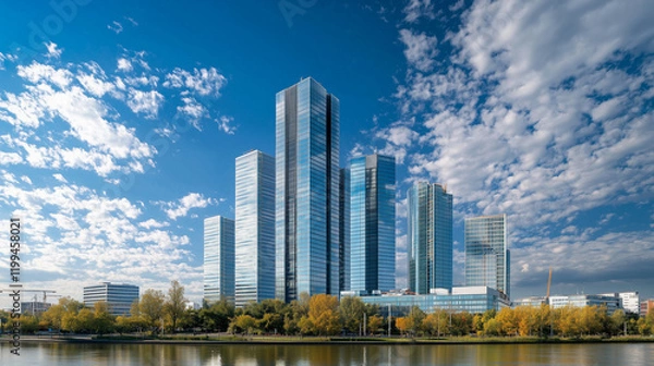 Obraz 近代的な高層ビル群と熱帯植物が調和する都市風景