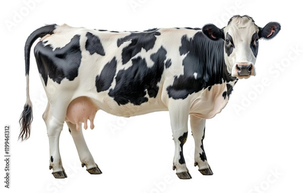 Obraz Dairy cow with udder. Black and white cow standing sideways. Isolated on white and transparent background