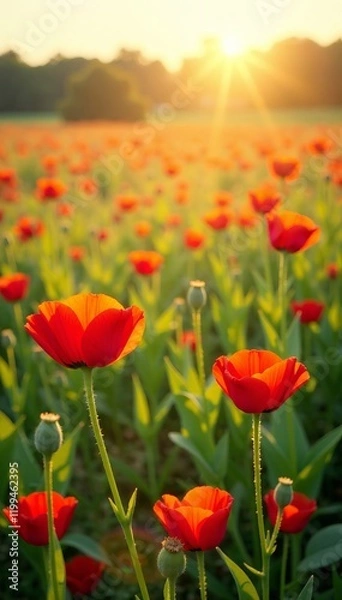 Fototapeta A vibrant field of red poppy flowers basking in the warm glow of a golden sunrise.