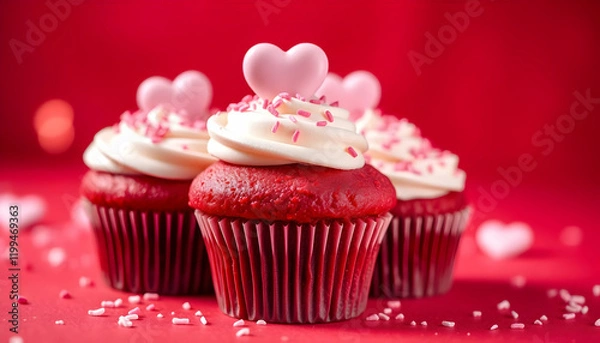Fototapeta Red velvet cupcakes, pink frosting, heart-shaped sugar decorations, Valentine's Day theme, soft focus, vibrant red background, romantic mood, confectionery photography, shallow depth of field, sweet 