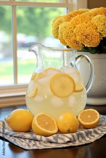 Obraz Refreshing lemonade pitcher with ice and lemon slices, bright ye