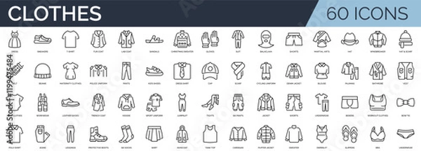 Obraz Set of 60 outline icons related to clothes. Linear icon collection. Editable stroke. Vector illustration	