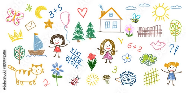 Fototapeta Set of children's drawing doodles, kid  design elements in flat graphics. Childish doodle drawings, girl dolls, cat, sun, trees, house, flowers, birds, numbers, icons, etc. Vector illustration