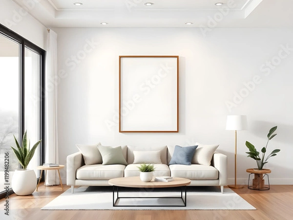 Fototapeta Frame mockup, ISO A paper size. Living room wall poster mockup. Interior mockup with house background. Modern interior design. 3D render