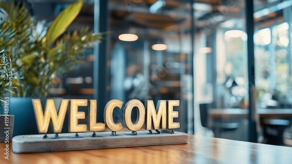 Obraz A 'welcome' sign on a desk symbolizes a friendly onboarding process in a modern office.