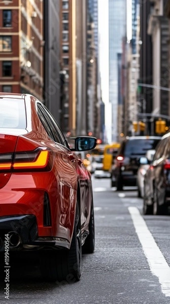 Obraz A red car is parked on a city street. The car is in the middle of the street and is surrounded by other cars. The street is busy with traffic and the cars are moving in different directions