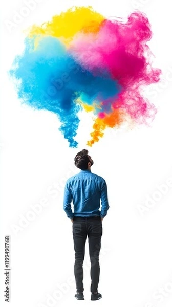 Fototapeta A professional brainstorming with holographic thought clouds, innovation and ideas concept, pastel colors, isolated on white background