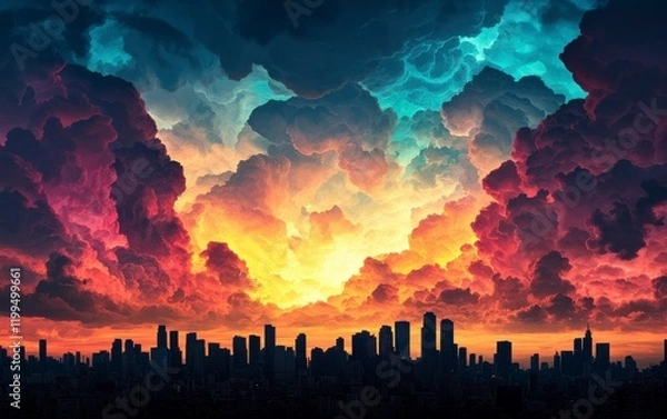 Fototapeta Radiant Landscape Under a Colorful Sky Filled with Dynamic Clouds and Urban Skyline at Dusk, Showcasing Nature's Beauty and City Life's Harmony