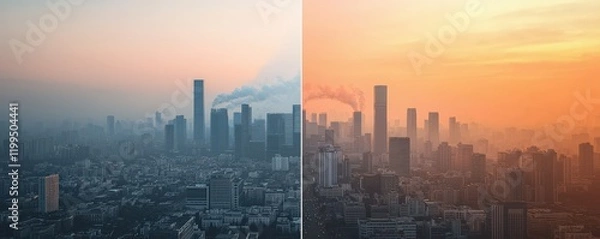 Fototapeta environmental impact pollution policy concept. Urban skyline at dusk, showcasing a contrast between pollution and sunset hues.