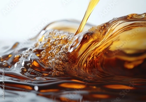 Obraz Close-Up View of Golden Liquid Pouring into a Shimmering Brown Surface with Bubbles Populating the Top, Capturing Fluid Motion and Textural Details