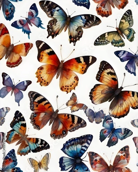 Fototapeta Beautiful watercolor butterflies seamless pattern on white background