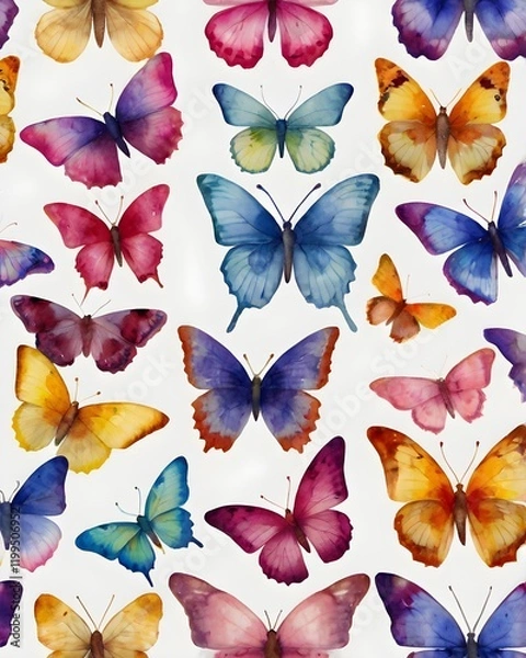 Obraz Beautiful watercolor butterflies seamless pattern on white background