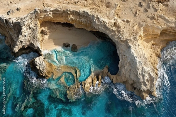 Obraz Hidden cove with turquoise water, aerial view. Dramatic coastal rock formations meet the ocean.