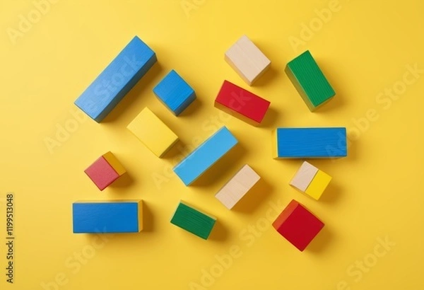 Fototapeta Coloured wooden toy blocks on a yellow background