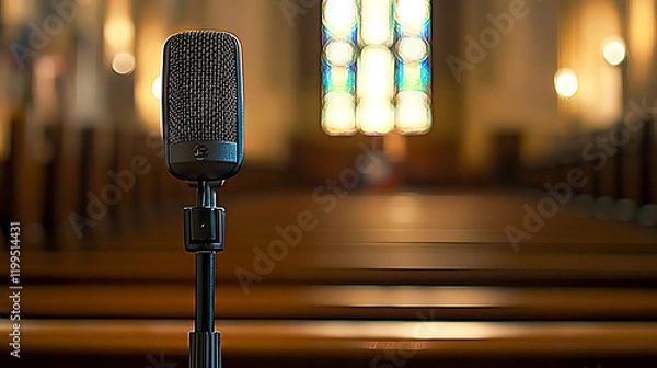 Fototapeta A classic condenser microphone on a stand stands ready in a dimly lit church or cathedral.