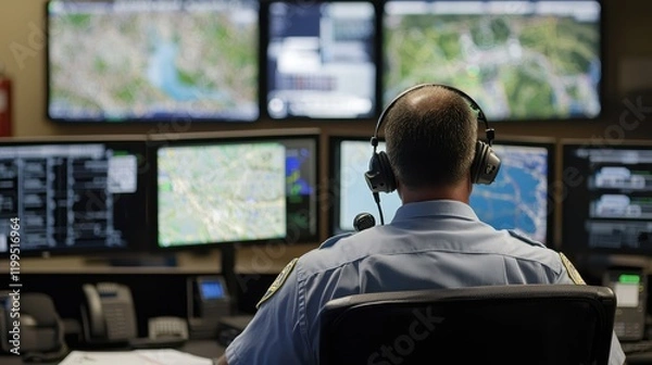 Obraz Inside a 911 call center where police officers manage urgent situations. 
