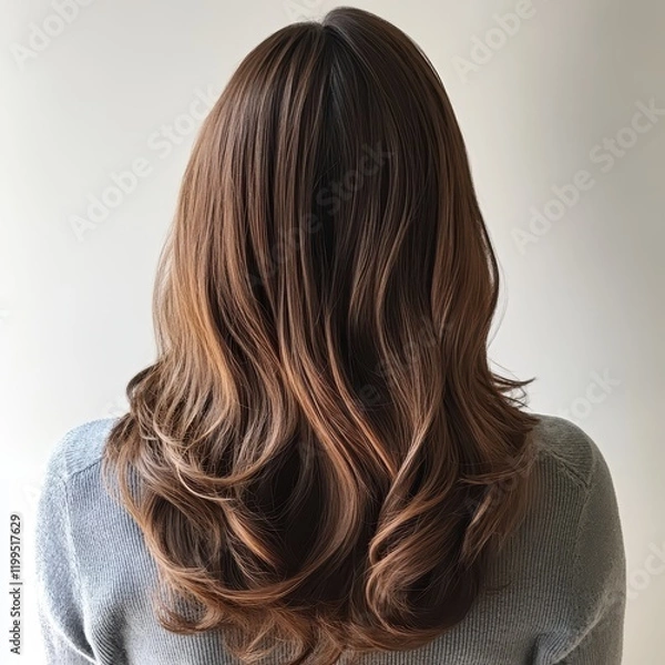 Fototapeta A woman"s back view showcasing long, wavy brown hair with highlights, styled elegantly against a light background.
