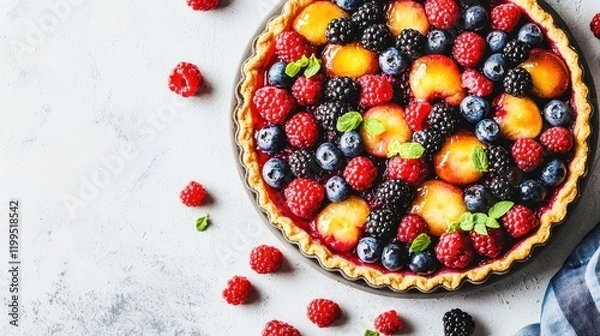 Fototapeta A vibrant fruit tart topped with fresh berries and peaches, resting on a textured surface, garnished with mint leaves.