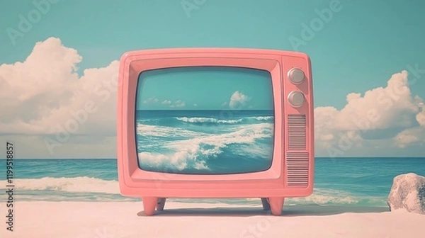 Obraz A retro pink television displaying ocean waves, set against a sunny beach backdrop with turquoise water and fluffy white clouds, blending nostalgic vibes with summer aesthetics