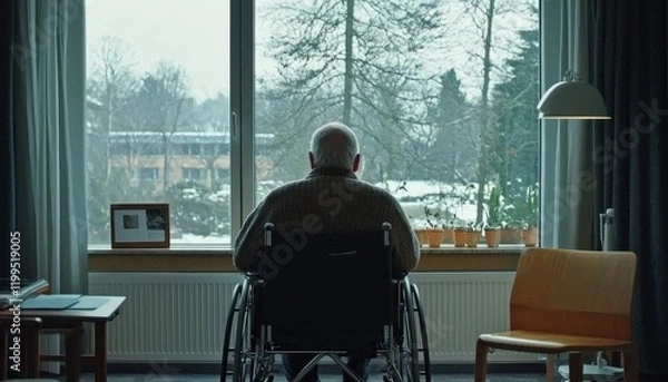 Obraz An elderly man in a wheelchair gazes out the window of a nursing home.