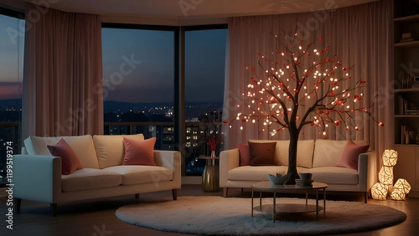 Fototapeta A grand minimalist Valentine's tree standing as the centerpiece of a cozy living room, adorned with delicate heart-shaped ornaments in shades of red, pink, and white, illuminated by soft white light.