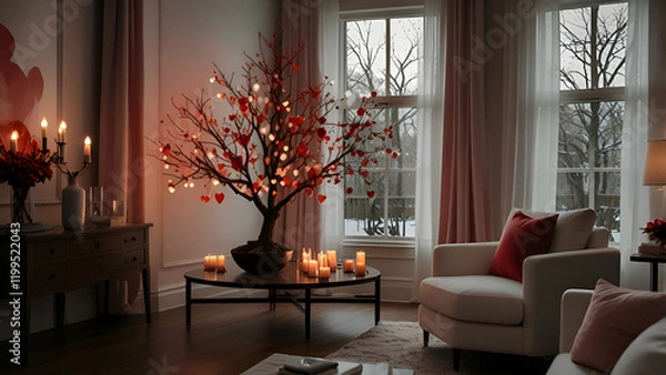 Fototapeta A grand minimalist Valentine's tree standing as the centerpiece of a cozy living room, adorned with delicate heart-shaped ornaments in shades of red, pink, and white, illuminated by soft white light.