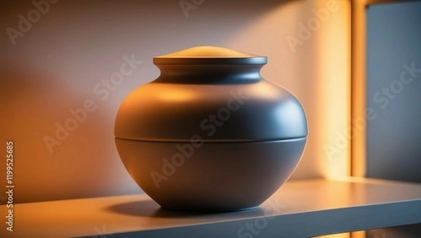 Fototapeta  Modern ceramic cremation urn with minimalist design on a shelf