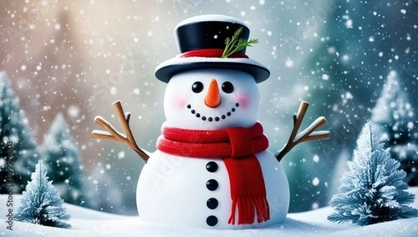Fototapeta Whimsical snowman with red scarf in sparkling winter wonderland