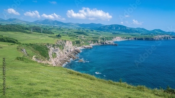 Fototapeta Serene Coastal Landscape with Cliffs and Lush Green Hills