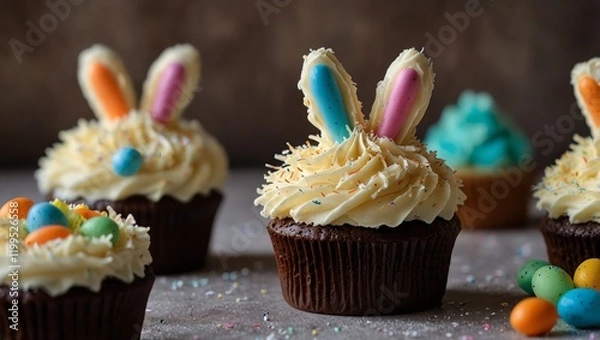 Fototapeta Easter bunny tail chocolate cupcakes with coconut buttercream icing on a table