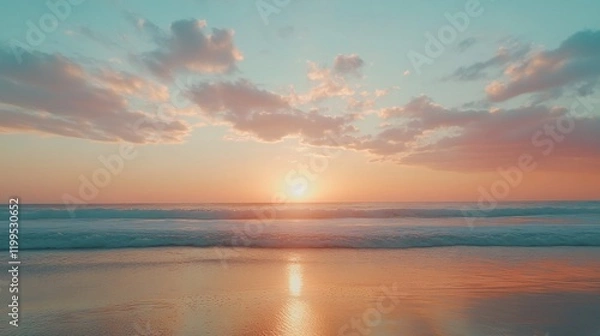 Obraz Golden Sunset Over Idyllic Tropical Beach with Gentle Waves, Soft Sand, and Vibrant Sky, Evoking Serenity and Natural Beauty